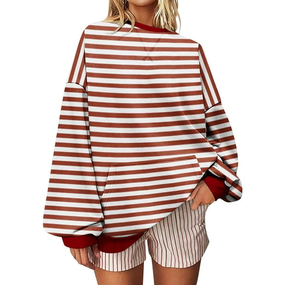 Caywon Women's Color-Block Sweater Striped Round Neck Long Sleeve Lantern Sleeve Pullover Sweater Top Trendy Lantern Sleeves Striped Pattern​