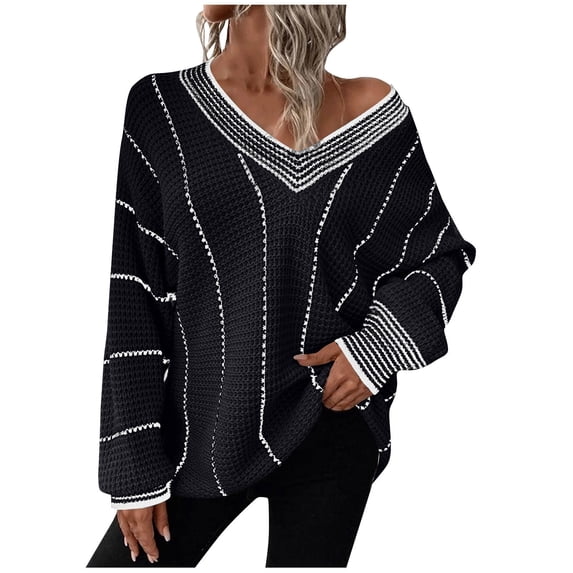 Caywon Women's Color-Block Sweater Striped V Neck Long Sleeve Lantern Sleeve Pullover Sweater Top Trendy Lantern Sleeves Striped Pattern
