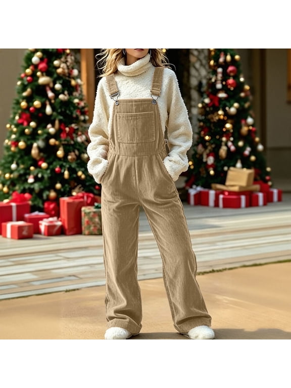Women's Corduroy Overalls Wide Leg Bib Jumpsuit Adjustable Straps with Pockets Loose Fit Casual Long Pants for Fall Winter Daily Wear Comfortable Vintage Style