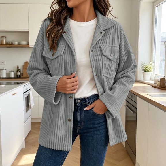 Caywon Women's Corduroy Shacket Button Down Jacket Long Sleeve Casual Overshirt with Chest Pockets