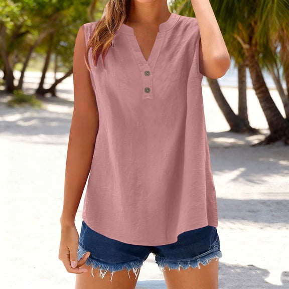 Caywon Women's Cotton Linen Camisole Solid Color Button Shirt Sleeveless V Neck Camisole Breathable Lightweight Fabric for Summer Daily Casual Wear