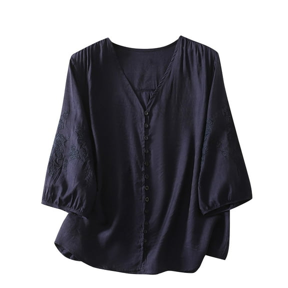 Caywon Women's Cotton Linen Like Embroidered Button 3/4 Sleeve V Neck Fashion Top Elegant Embroidery Detail Blouse Vintage Embroidered Blouse Tops Dark Blue XL