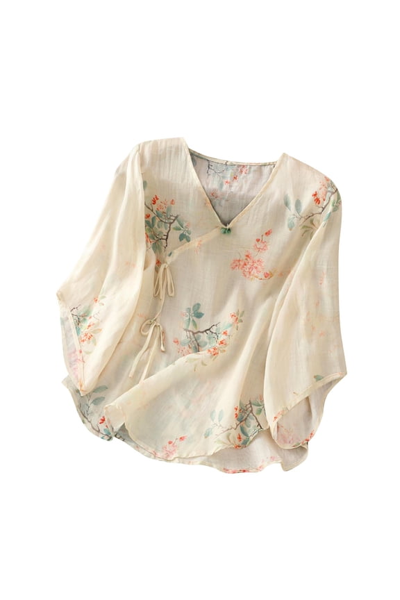 Women's Cotton Linen Like Embroidered Tie Waist 3/4 Sleeve V Neck Top Breathable Casual Blouse for Spring and Summer Wear Suitable Beige M