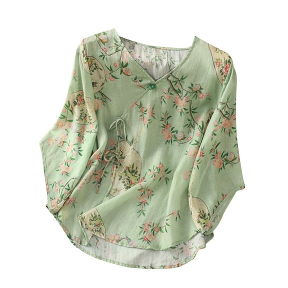 Caywon Women's Cotton Linen Like Embroidered Tie Waist 3/4 Sleeve V Neck Top Breathable Casual Blouse for Spring and Summer Wear Suitable Green M