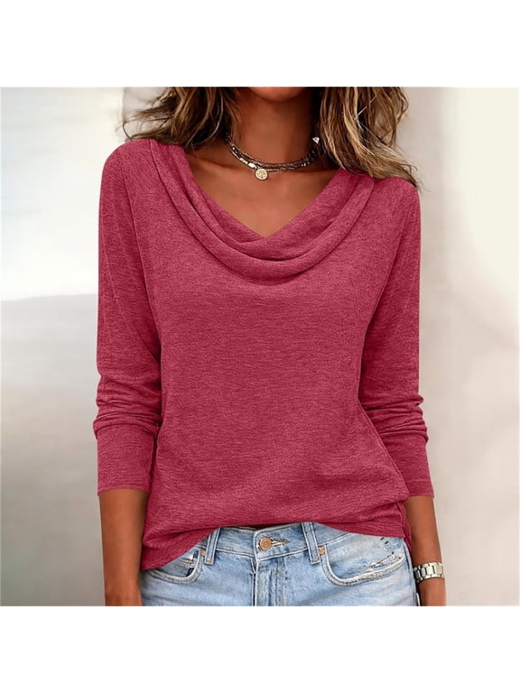 Women's Cowl Neck Blouse, Long Sleeve Draped Top with Loose Fit, Casual Pullover for Fall and Spring Daily Wear