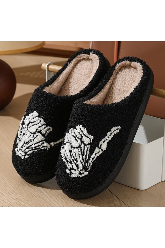 Women's Cozy Slippers Skeleton Hand Embroidery Fuzzy Sherpa Lined Closed Toe House Shoes Warm Plush Indoor Outdoor Fall Winter Zapatillas Mujer