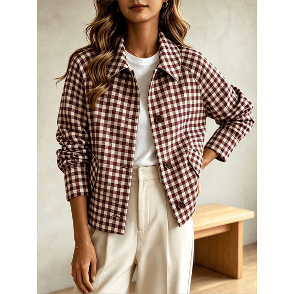 Caywon Women's Cropped Plaid Button-Up Jacket with Drop Shoulder and Side Pockets, Loose Cut Casual Outwear for Spring and Fall Vacation Travel