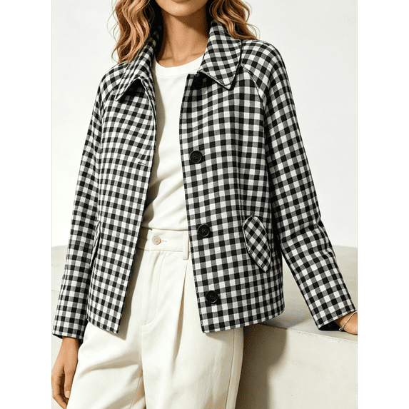 Caywon Women's Cropped Plaid Button-Up Jacket with Drop Shoulder and Side Pockets, Loose Cut Casual Outwear for Spring and Fall Vacation Travel