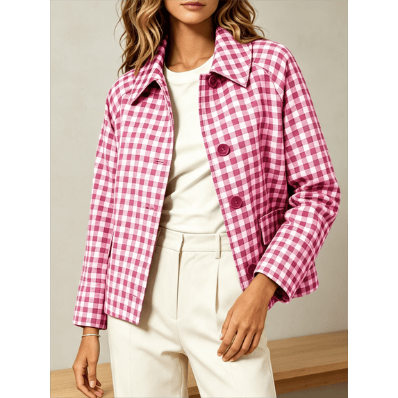 Caywon Women's Cropped Plaid Button-Up Jacket with Drop Shoulder and Side Pockets, Loose Cut Casual Outwear for Spring and Fall Vacation Travel