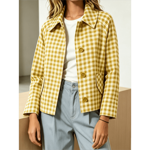 Caywon Women's Cropped Plaid Button-Up Jacket with Drop Shoulder and Side Pockets, Loose Cut Casual Outwear for Spring and Fall Vacation Travel