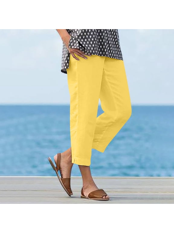 Women's Cropped Straight Leg Pants with Elastic Waist and Side Slit Hem, Relaxed Fit Cotton Linen Ankle Trousers for Summer Vacation and Daily Wear