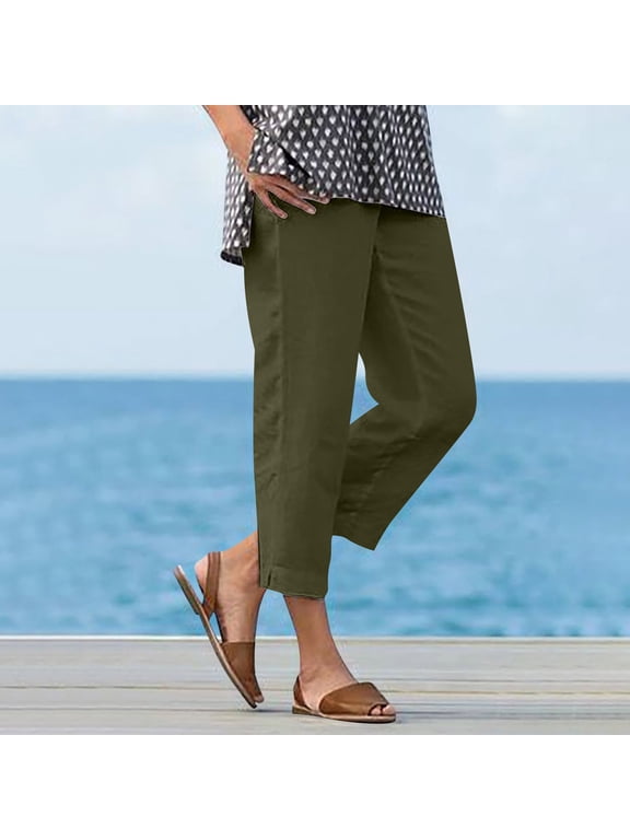 Women's Cropped Straight Leg Pants with Elastic Waist and Side Slit Hem, Relaxed Fit Cotton Linen Ankle Trousers for Summer Vacation and Daily Wear