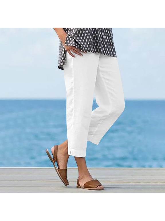 Women's Cropped Straight Leg Pants with Elastic Waist and Side Slit Hem, Relaxed Fit Cotton Linen Ankle Trousers for Summer Vacation and Daily Wear