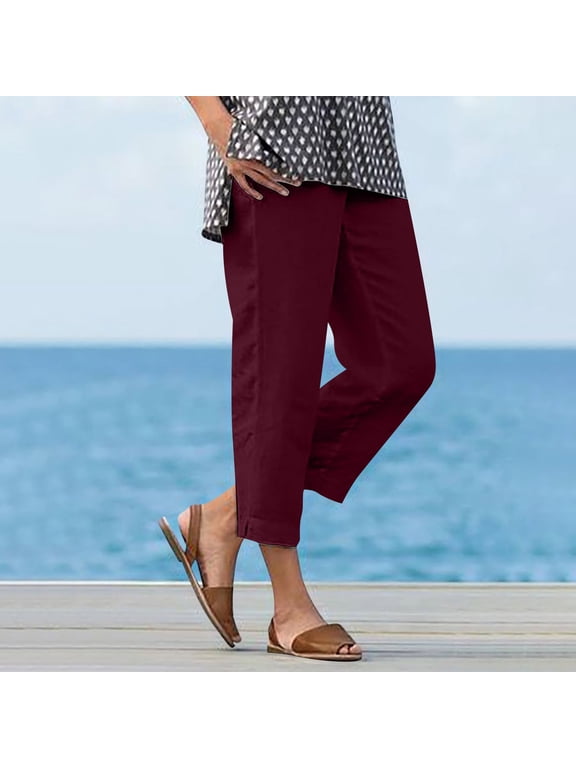 Women's Cropped Straight Leg Pants with Elastic Waist and Side Slit Hem, Relaxed Fit Cotton Linen Ankle Trousers for Summer Vacation and Daily Wear