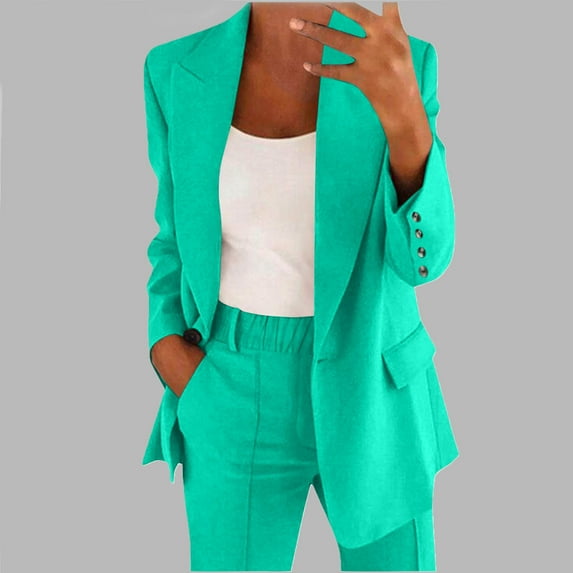 Caywon Women's DOUBLE-Piece Blazer OUTFIT Set with Notch Lapel Long Sleeve Open Front Jacket and Elastic Waist Straight-Leg Pants Casual Daily Wear Outcut