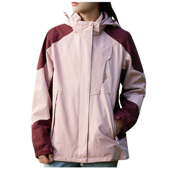 Caywon Women's Detachable Hood Waterproof Windproof Thickened 3-in-1 Jacket Outdoor Sports Warm Coat Long-Sleeve Hooded Casual Coat Jacket