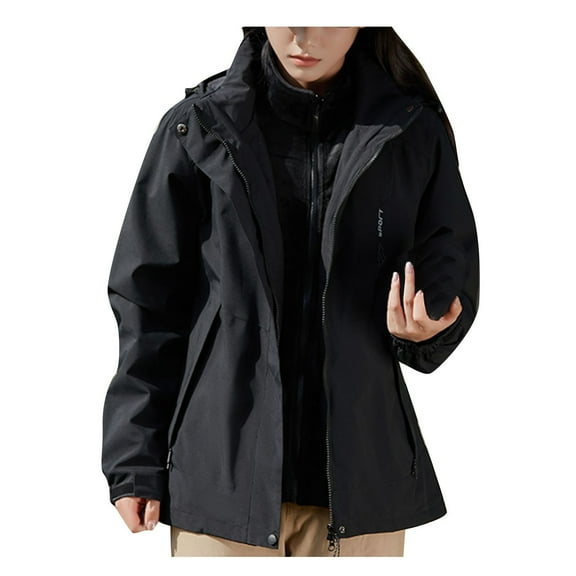 Caywon Women's Detachable Hood Waterproof Windproof Thickened 3-in-1 Jacket Outdoor Sports Warm Coat Long-Sleeve Hooded Casual Coat Jacket