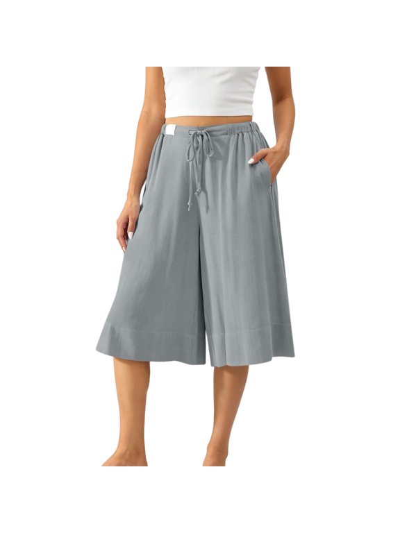 Women's Drawstring Waist Wide Leg Crop Pants with Side Pockets, Relaxed Fit Cotton Linen Summer Culottes for Vacation and Casual Daily Wear