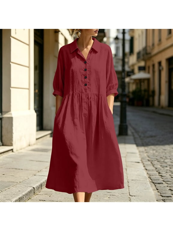 Women's Dresses, Collared Button Front Short Sleeve Midi with Pockets, Solid Color Cotton Linen Blend Loose Fit Casual Summer Vacation Beach Daily Wear