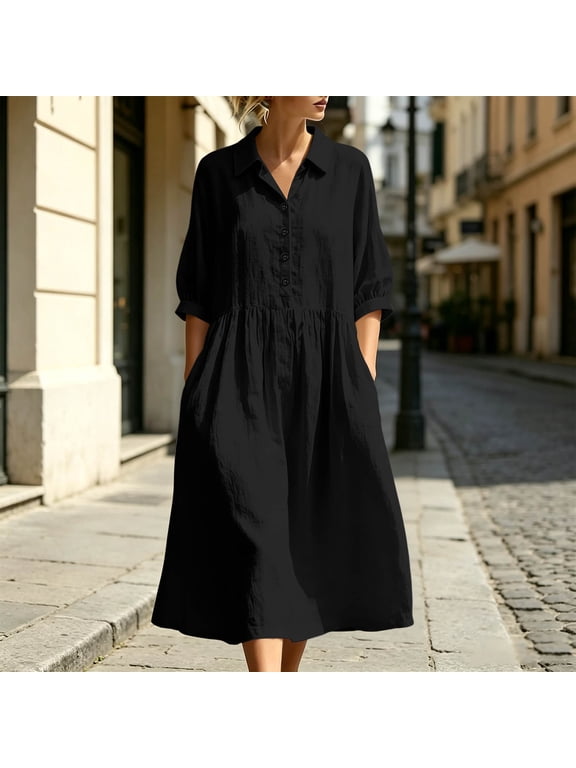 Women's Dresses, Collared Button Front Short Sleeve Midi with Pockets, Solid Color Cotton Linen Blend Loose Fit Casual Summer Vacation Beach Daily Wear