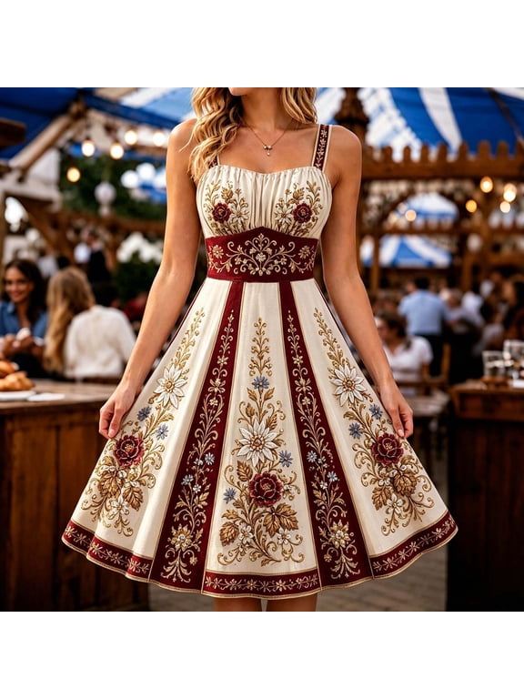 Women's Dresses, Sleeveless Square Neck Pleated Bodice with Embroidered Waistband and Floral Pattern, Midi A-Line Traditional Festival Party Casual Daily Wear for Women