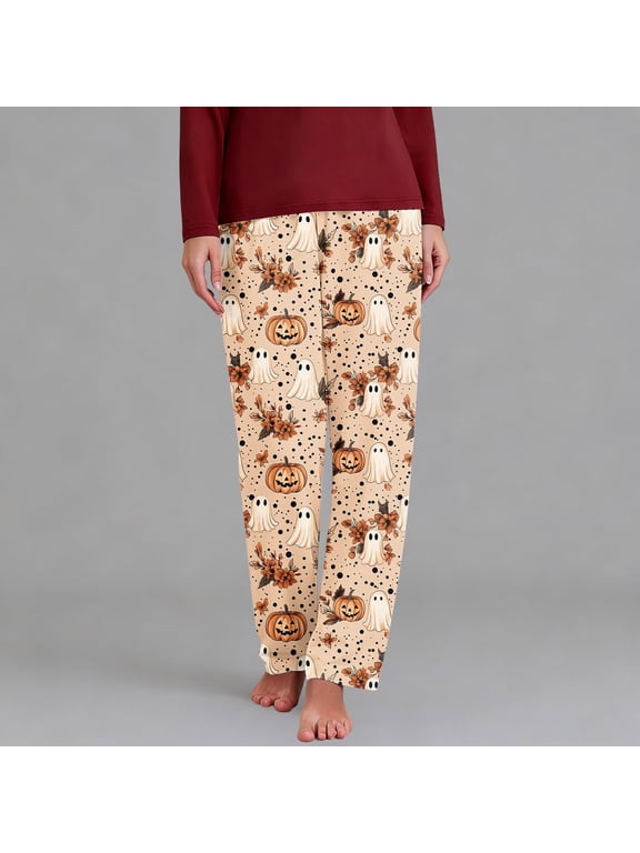 Women's Elastic Waist Full Length Salon Pants with All-Over Ghost Pumpkin Floral Print for Halloween Oktoberfest Holiday Events