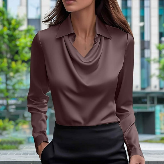 Caywon Women's Fall Winter Solid Color Satin Blouse Draped V-Neck Long Sleeve Silky Top Elegant Loose Fit Shirt for Work Party Evening Wear