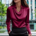 thumbnail image 1 of Caywon Women's Fall Winter Solid Color Satin Blouse Draped V-Neck Long Sleeve Silky Top Elegant Loose Fit Shirt for Work Party Evening Wear, 1 of 5