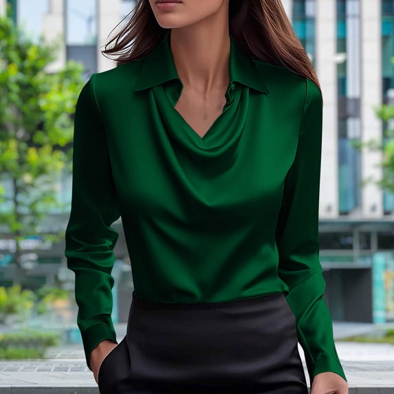 Caywon Women's Fall Winter Solid Color Satin Blouse Draped V-Neck Long Sleeve Silky Top Elegant Loose Fit Shirt for Work Party Evening Wear