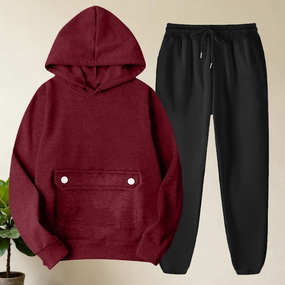 Caywon Women's Fashion Casual Solid Color Hooded Sweatshirt with Pockets Cuffed Sweatpants 2-Piece Set (1 Top   1 Pants) Loose Fit Round Neck Long Sleeve for Daily Leisure