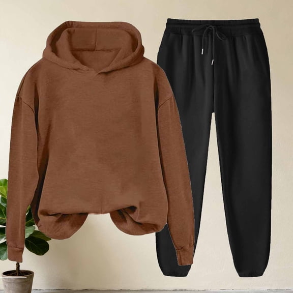 Caywon Women's Fashion Casual Solid Color Hooded Sweatshirt with Pockets Cuffed Sweatpants 2-Piece Set (1 Top   1 Pants) Loose Fit Round Neck Long Sleeve for Daily Leisure
