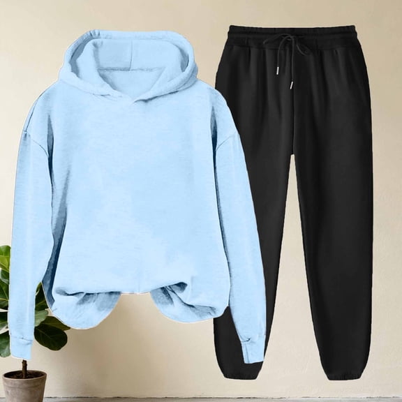 Caywon Women's Fashion Casual Solid Color Hooded Sweatshirt with Pockets Cuffed Sweatpants 2-Piece Set (1 Top   1 Pants) Loose Fit Round Neck Long Sleeve for Daily Leisure