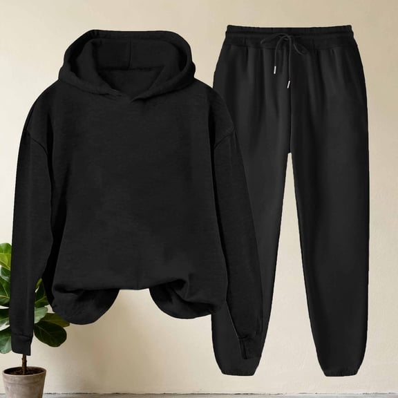 Caywon Women's Fashion Casual Solid Color Hooded Sweatshirt with Pockets Cuffed Sweatpants 2-Piece Set (1 Top   1 Pants) Loose Fit Round Neck Long Sleeve for Daily Leisure