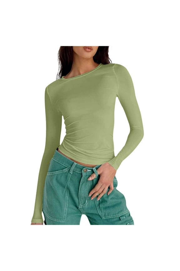 Women's Fashion Fitted Round Neck Long Sleeve Short Solid Color Top Stylish Tight Fit Top Slim Fit Tshirts Basic Tops Green XS