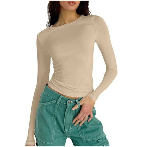 Caywon Women's Fashion Fitted Round Neck Long Sleeve Short Solid Color Top Stylish Tight Fit Top Slim Fit Tshirts Basic Tops Khaki S
