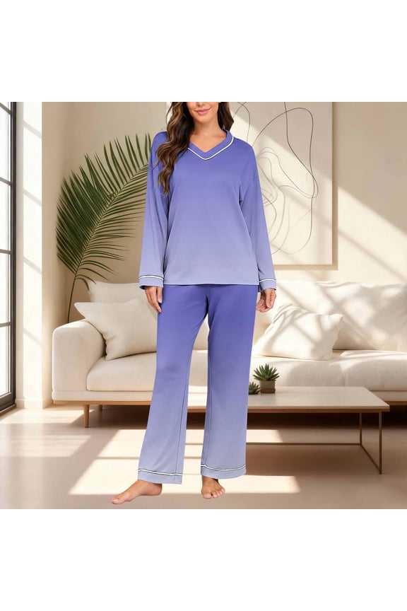 Women's Fashion Gradient Printed Casual Loose V-neck Long Sleeve Pajama Set (Top + Pants) Soft Breathable Fabric Comfortable Fit for Sleep Indoor Daily Use