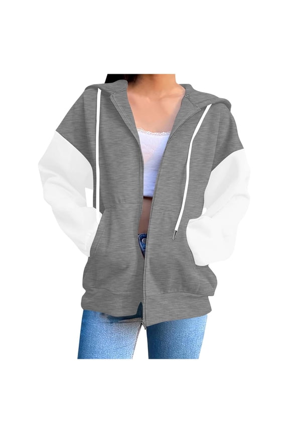Women's Fashion Hooded Casual Solid Color Pocket Zip Long-Sleeve Top Loose Hooded Cardigan Jacket Color-Block Design Loose Suits All Body Types M