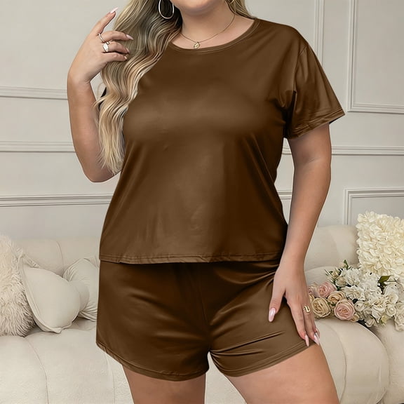 Caywon Women's Fashion Plus Size Solid Color Pajama Set Short Sleeve Top Shorts Two-Piece Soft Breathable Homewear Tops Long Pants Pajamas Sets