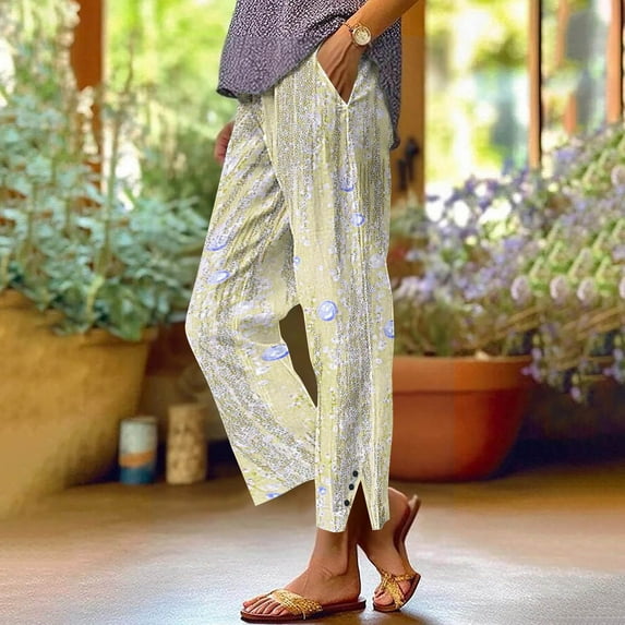 Caywon Women's Fashion Printed Linen-Like Pants Elastic Waist Casual Trousers with Pockets Button Decorated Split Cuffs Straight Leg Loose Full-Length Pants for Daily Wear