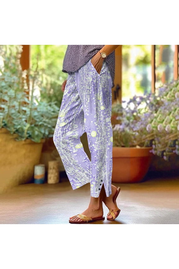 Women's Fashion Printed Linen-Like Pants Elastic Waist Casual Trousers with Pockets Button Decorated Split Cuffs Straight Leg Loose Full-Length Pants for Daily Wear