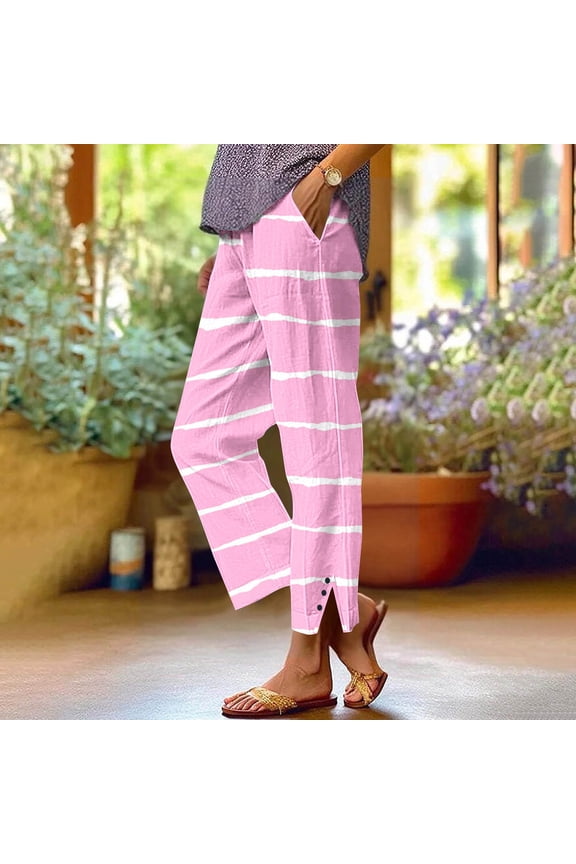 Women's Fashion Printed Linen-Like Pants Elastic Waist Casual Trousers with Pockets Button Decorated Split Cuffs Straight Leg Loose Full-Length Pants for Daily Wear