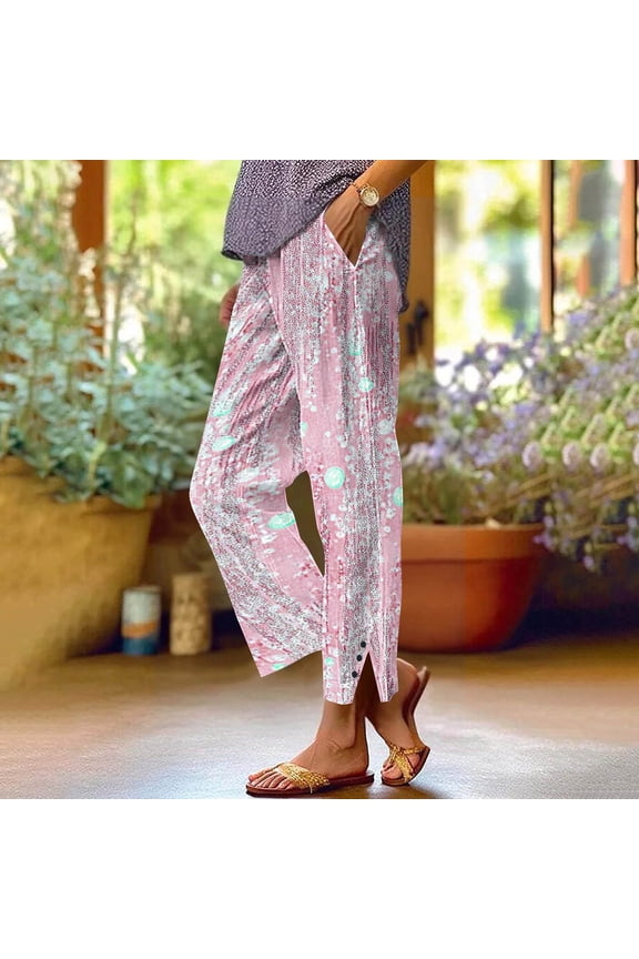 Women's Fashion Printed Linen-Like Pants Elastic Waist Casual Trousers with Pockets Button Decorated Split Cuffs Straight Leg Loose Full-Length Pants for Daily Wear