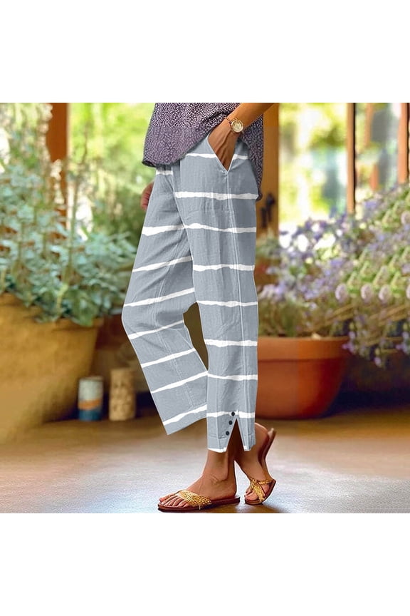 Women's Fashion Printed Linen-Like Pants Elastic Waist Casual Trousers with Pockets Button Decorated Split Cuffs Straight Leg Loose Full-Length Pants for Daily Wear