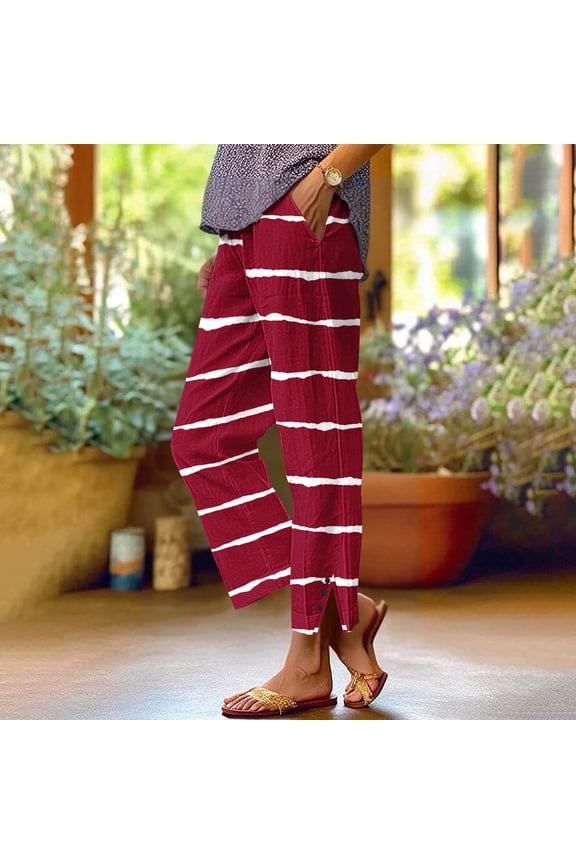Women's Fashion Printed Linen-Like Pants Elastic Waist Casual Trousers with Pockets Button Decorated Split Cuffs Straight Leg Loose Full-Length Pants for Daily Wear