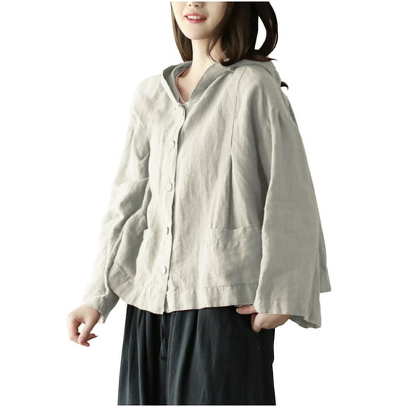 Caywon Women's Fashion Solid Color Cotton Linen Hooded Long Sleeve Outer Short Coat Long Sleeve Hooded Casual Coat Jacket Lightweight Cotton Linen Blend Beige 3XL