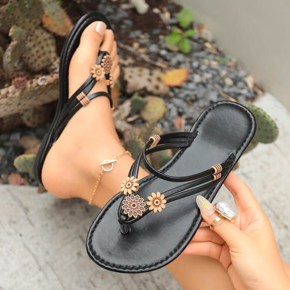 Caywon Women's Flip Flops Floral Flat Sandals for Women Square Toe Slip on Comfortable Dressy Thong Sandals Beach Wedding Shoes for Women Round Toe