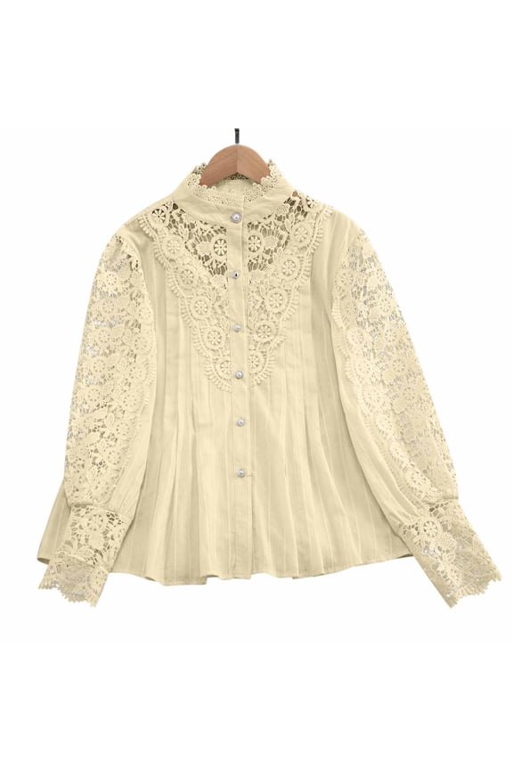 Women's French Casual Solid Color Stand Collar Lace Long Sleeve Top Elegant Blouse with Lace Details for Office Parties and Daily Wear Classic Stand Collar Design Yellow S