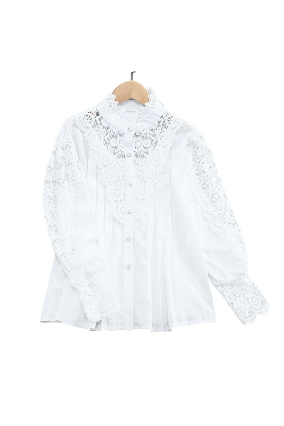 Women's French Casual Solid Color Stand Collar Lace Long Sleeve Top Elegant Blouse with Lace Details for Office Parties and Daily Wear Classic Stand Collar Design White L