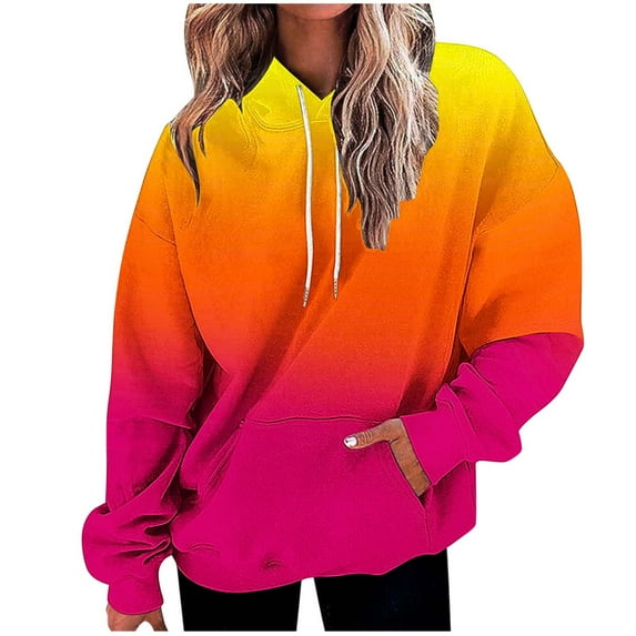 Caywon Women's Gradient Print Hooded Sweatshirt Long Length Long Sleeve With Pocket Soft Comfortable Fabric Daily Casual Wear for Weekend Outings Lightweight Breathable Fashion Top