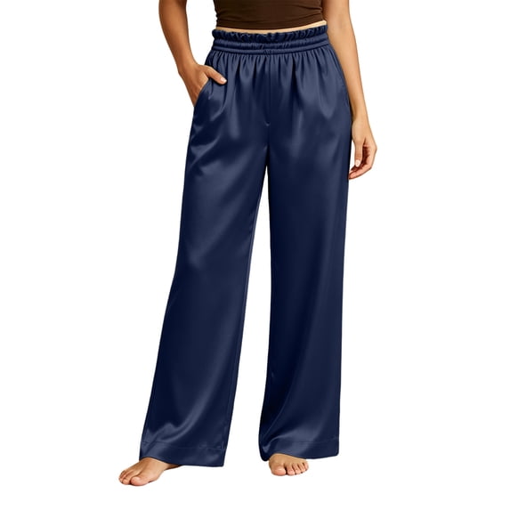 Caywon Women's High Waist Satin Wide Leg Pants with Smocked Elastic Waist and Side Pockets, Loose Cut Smooth Leisure Trousers for Home Outfits